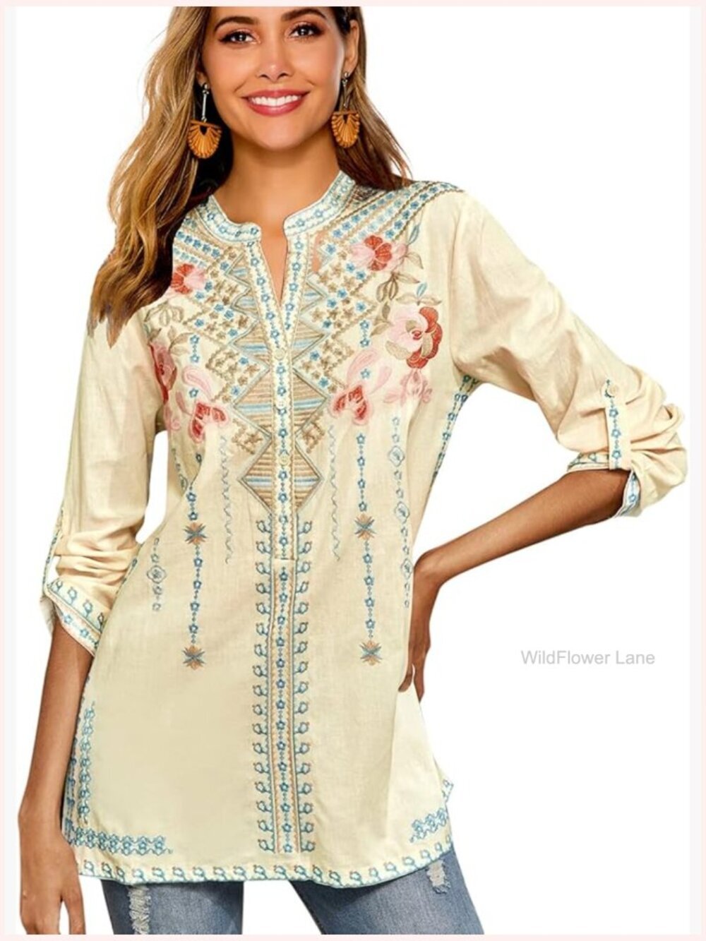 Boho Embroidered Long Sleeve Tunic Peasant Blouse Floral Tops